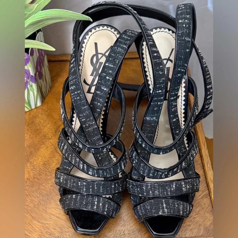 Saint Laurent Monochrome Buckle Ankle Wrap Wedge Heeled Sandals Size 37.5(7.5)